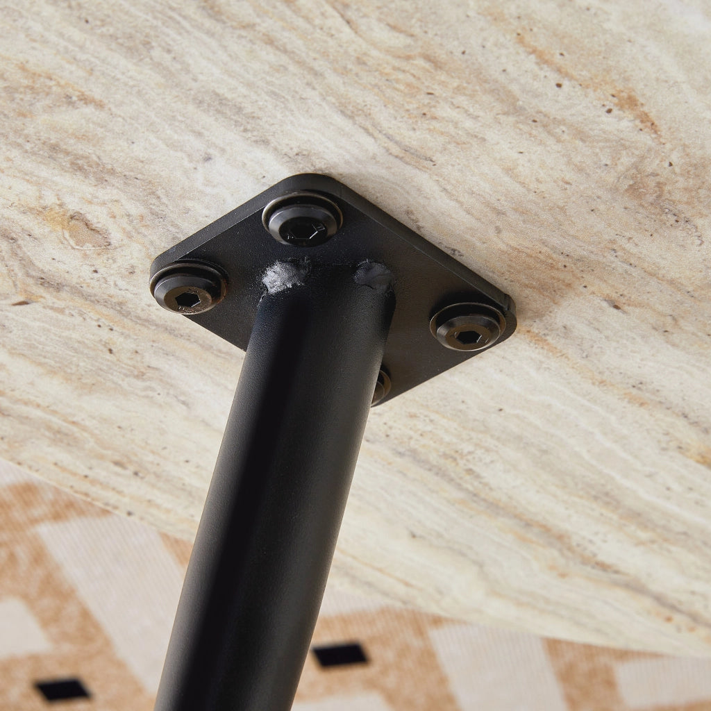 Tavolino rotondo da salotto 70 cm in MDF effetto travertino chiaro con gambe in metallo nere