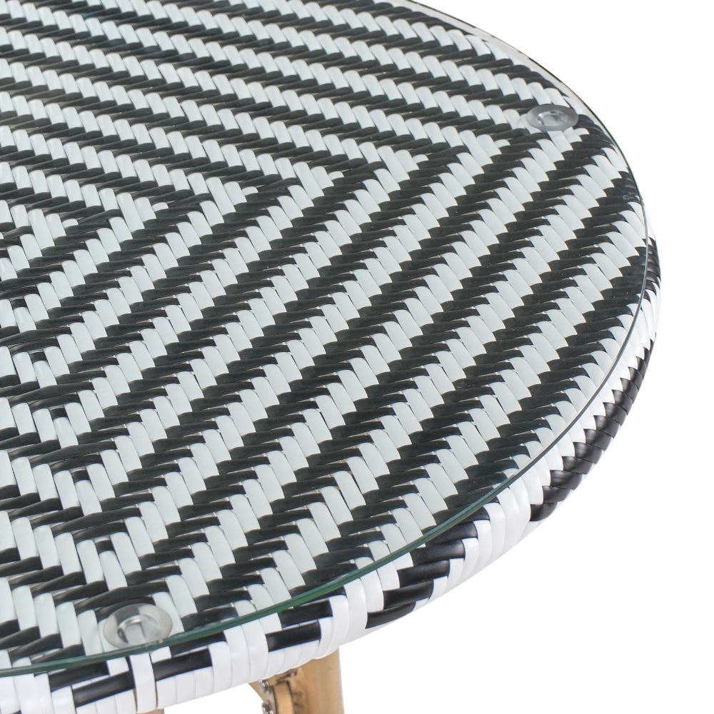 Tavolo da giardino Piano in rattan sintetico Bianco e Nero ø 70 cm Struttura in Vetro e Alluminio
