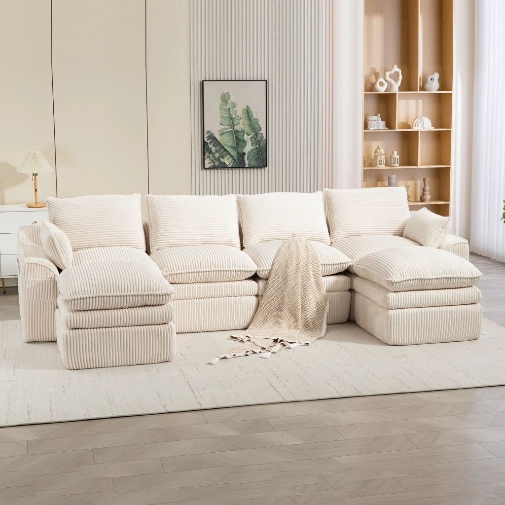 Divano Modulare 4 Posti con 2 Pouf ¨C MINIMAL ¨C Tessuto Beige, Cuscini, Tasche Laterali