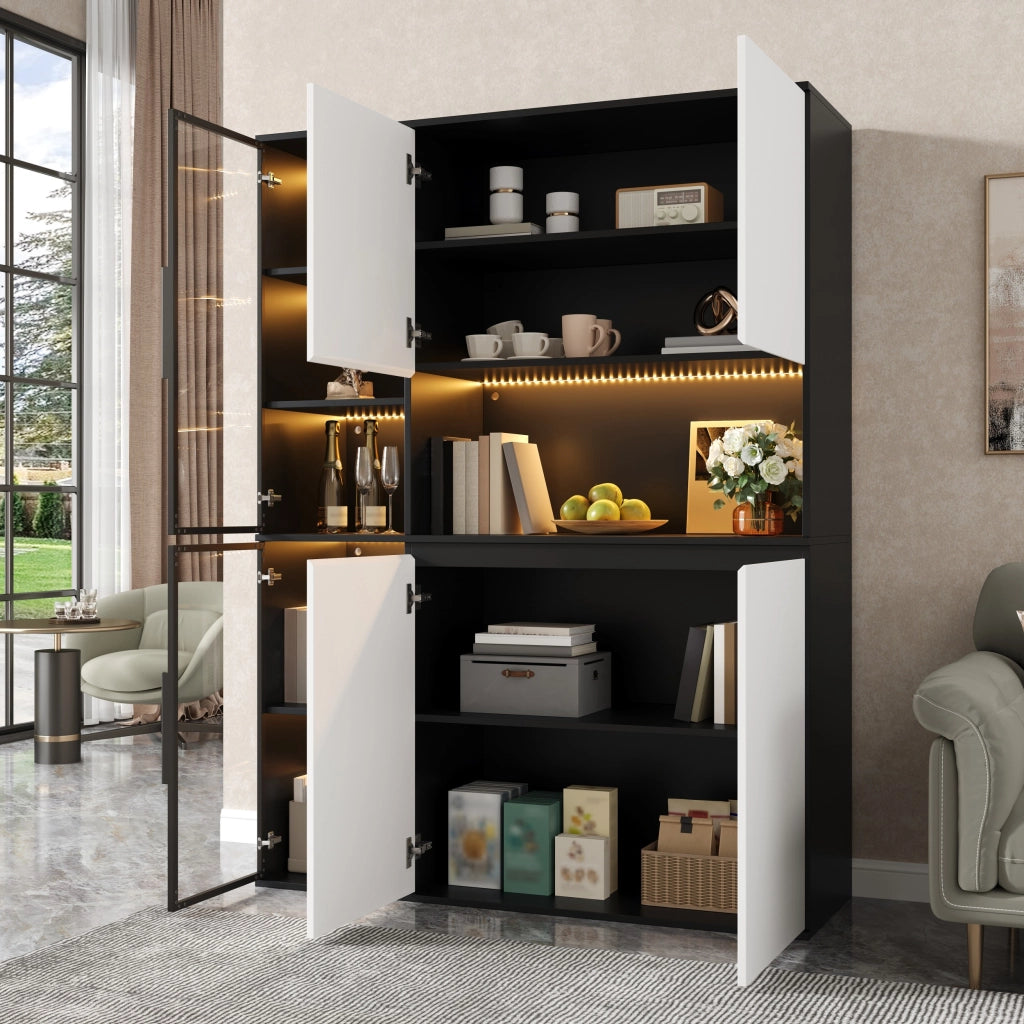 Vetrina, credenza, ante in vetro, luci a LED, MDF, bianco e nero