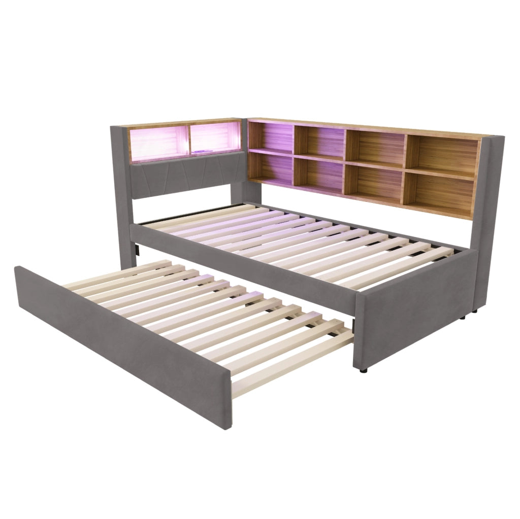 Divano letto singolo con letto estraibile, LED e vani contenitivi