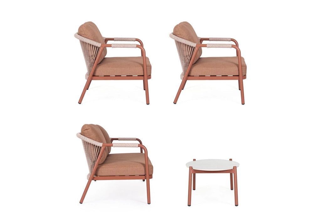 Set 4 Pezzi Salotto da Giardino con Divano 2 Poltrone e Tavolino in Alluminio Corda Poliestere e Pietra Sinterizzata