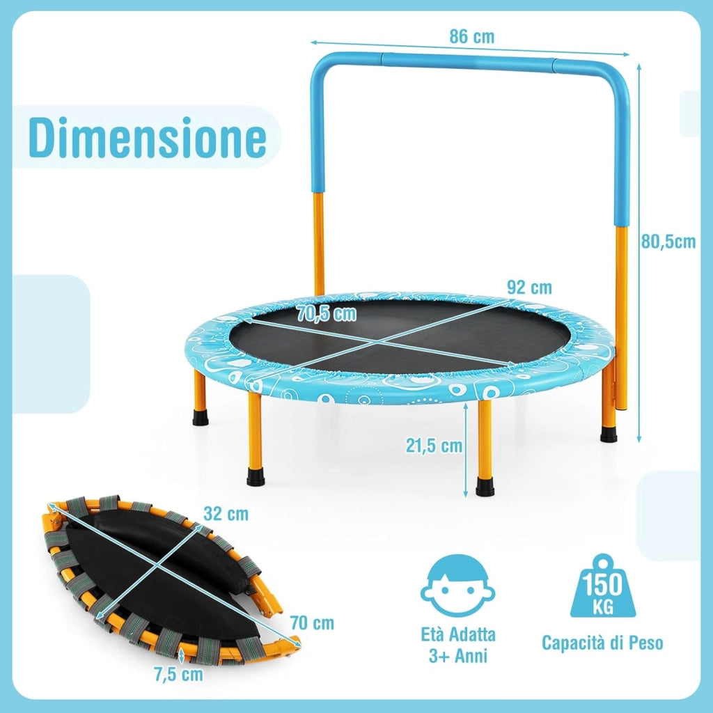 Trampolino Elastico per Bambini, Tappeto Elastico Pieghevole per Bambini con Copertura, Cuscinetti Antiscivolo e Maniglia, Ideale per Interno ed Esterno, Carico Massimo 150 kg