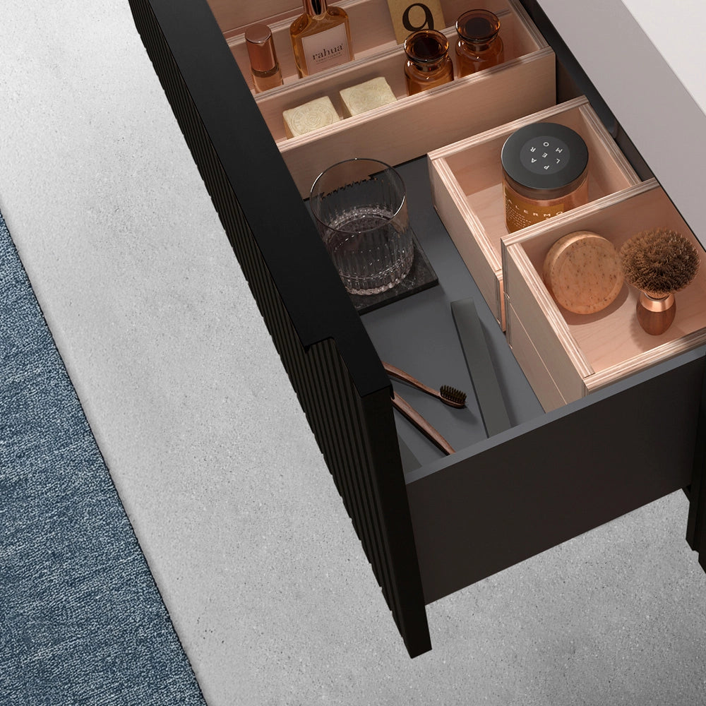 Mobile bagno sospeso 70 cm nero opaco cannettato con cassetto e lavabo Nara