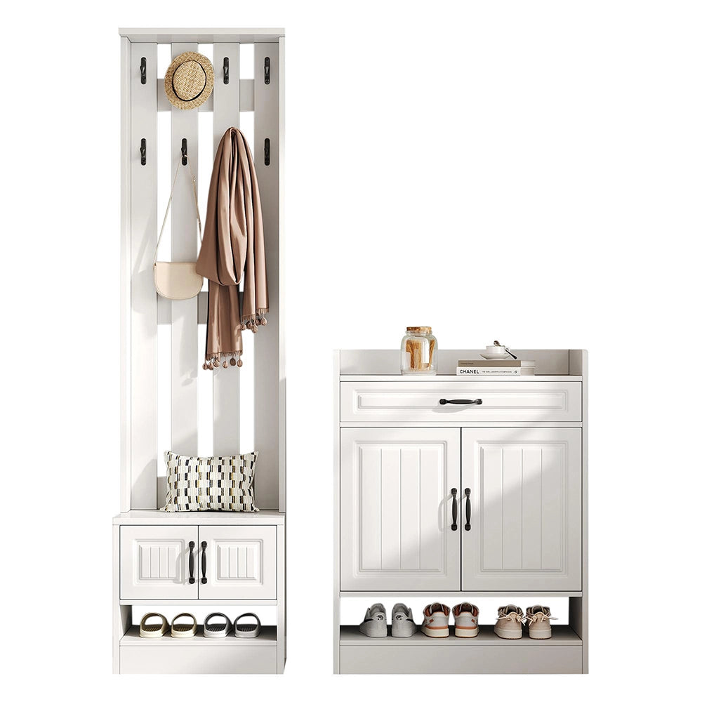 Set ingresso completo - Xylo - con armadio, panchina e appendiabiti, 8 ganci, 4 ante, 1 cassetto, 125x36x190 cm