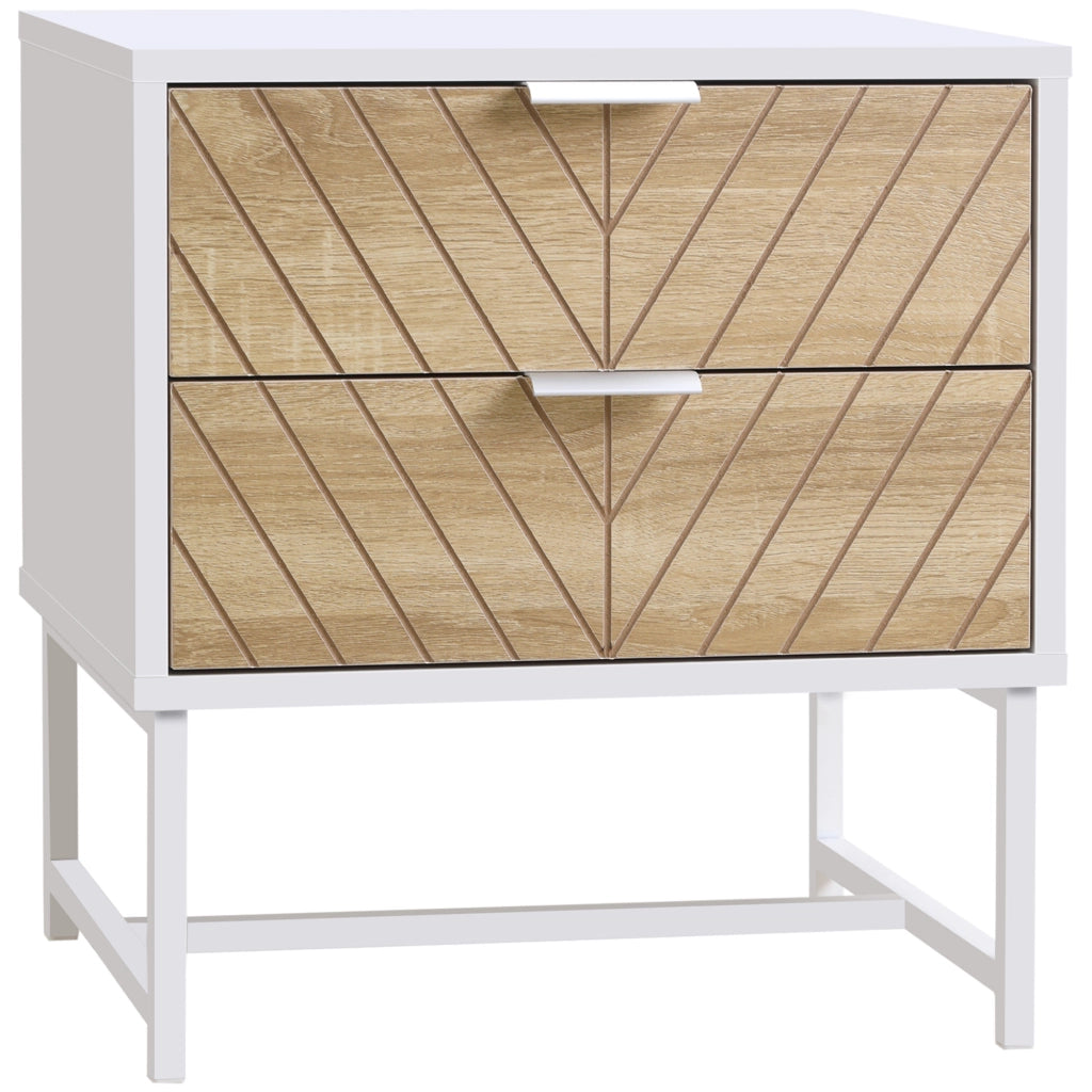 Comodino con 2 cassetti ¨C Xylo ¨C Bianco e rovere, gambe in acciaio, 45x39x48 cm