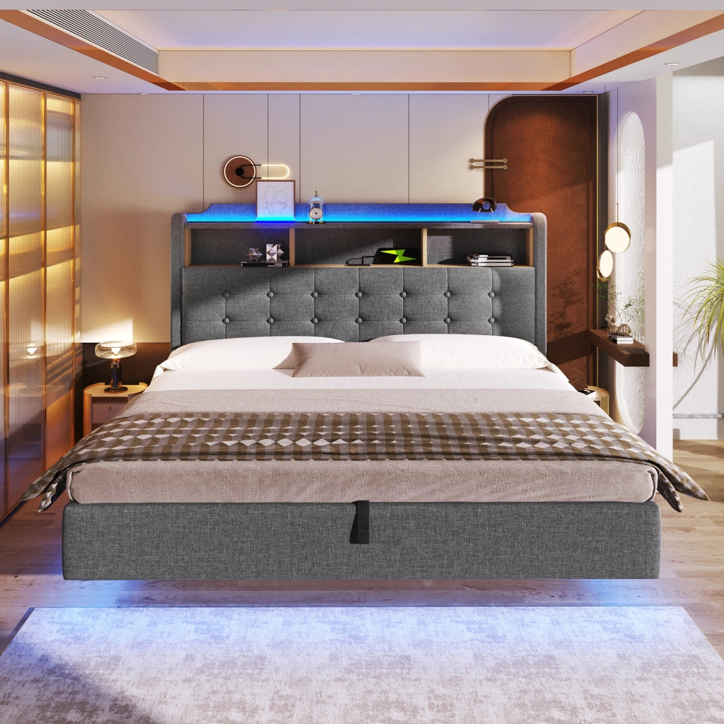 LETTO Contenitore 180x200 cm Grigio in Lino e MDF con LED, USB e Type-C