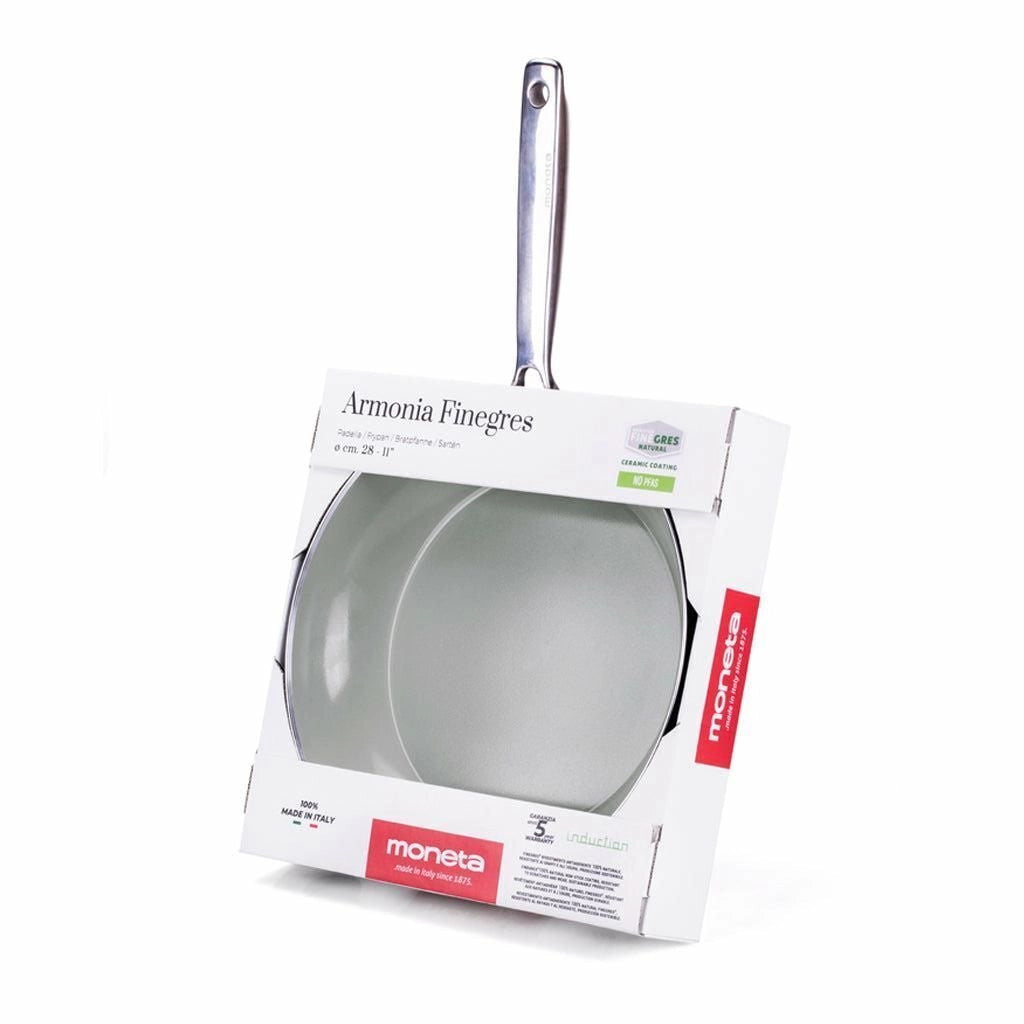 Moneta 0005390130 Armonia Finegres Padella 30 cm Alluminio Forgiato Rivestimento Antiaderente Naturale Senza PTFE PFAS PFOA Nichel Full Induction per Tutti i Piani Cottura incluso Induzione Manico Acciaio Inox Fissato con Rivetti colore Nero
