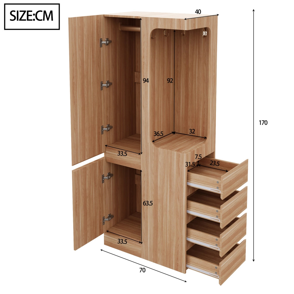 Armadio a 1 anta con 4 cassetti e vano appendiabiti aperto 70×40×170 cm; legno; bianco naturale