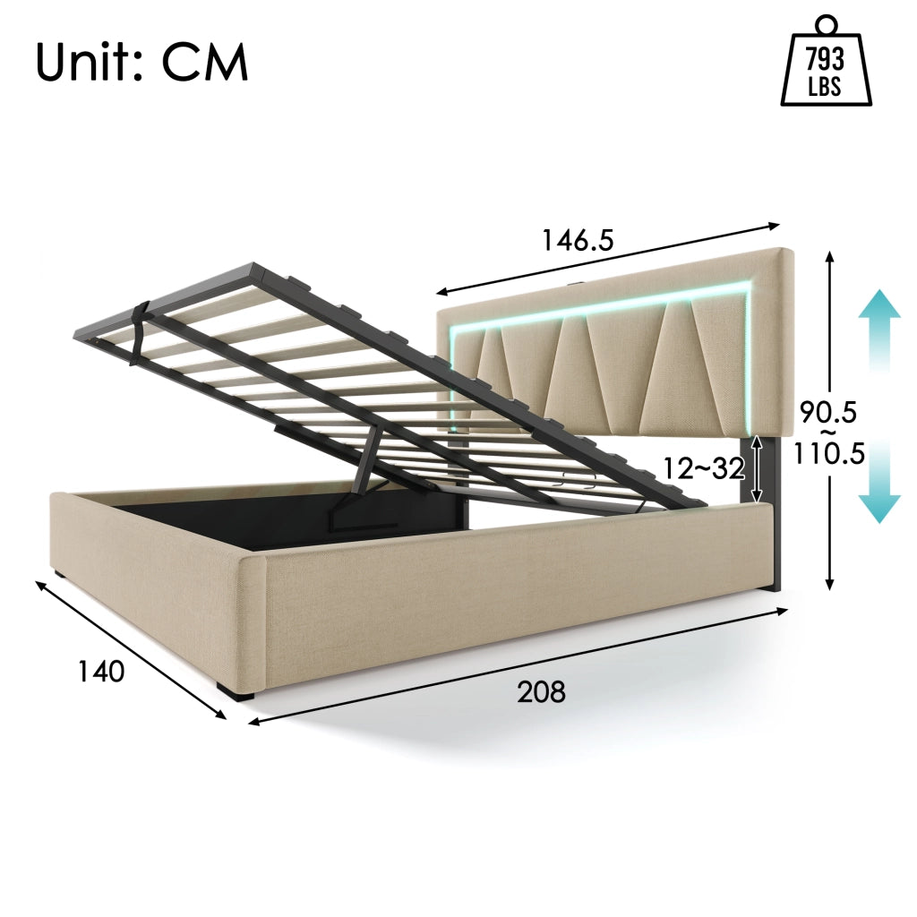 letto imbottito lino beige 140 x 200 cm