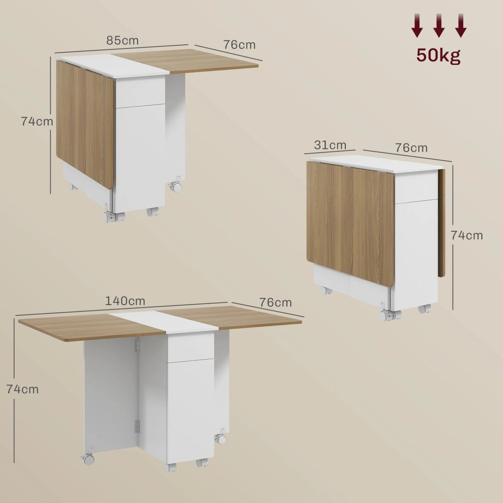 Tavolo Rettangolare Allungabile con Armadietto e Cassetti 140x76x74 cm Bianco e Color Legno