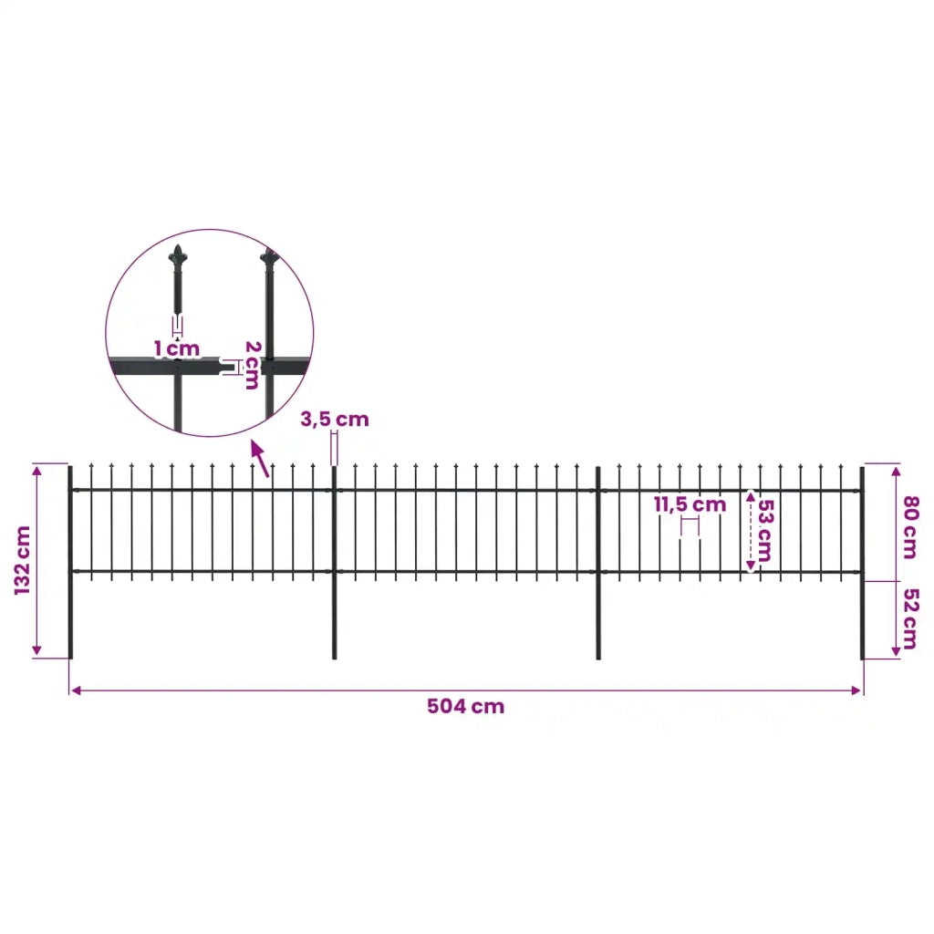 Recinzione da Giardino con Punta a Lancia in Acciaio 504x80 cm Nero 277604