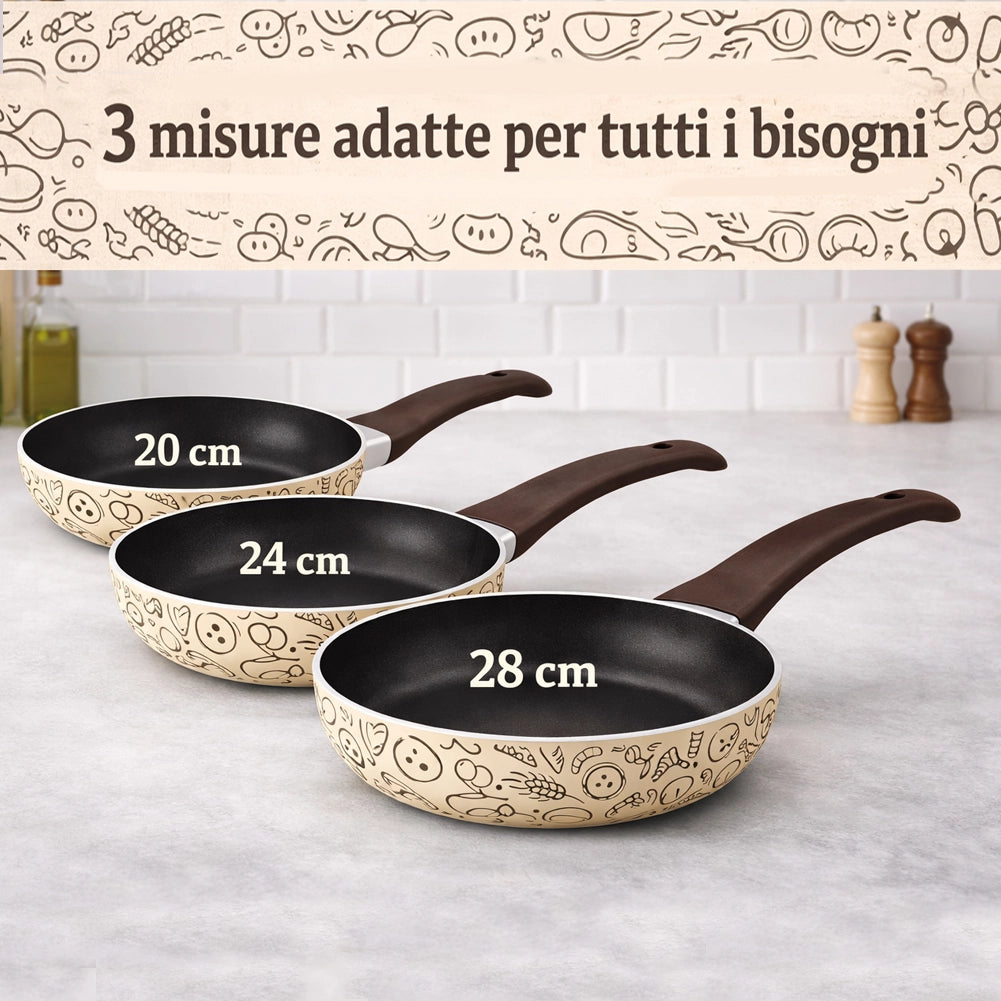 Tris Padelle Pastella 20-24-28 cm Antiaderente Manico Soft Touch Made in Italy