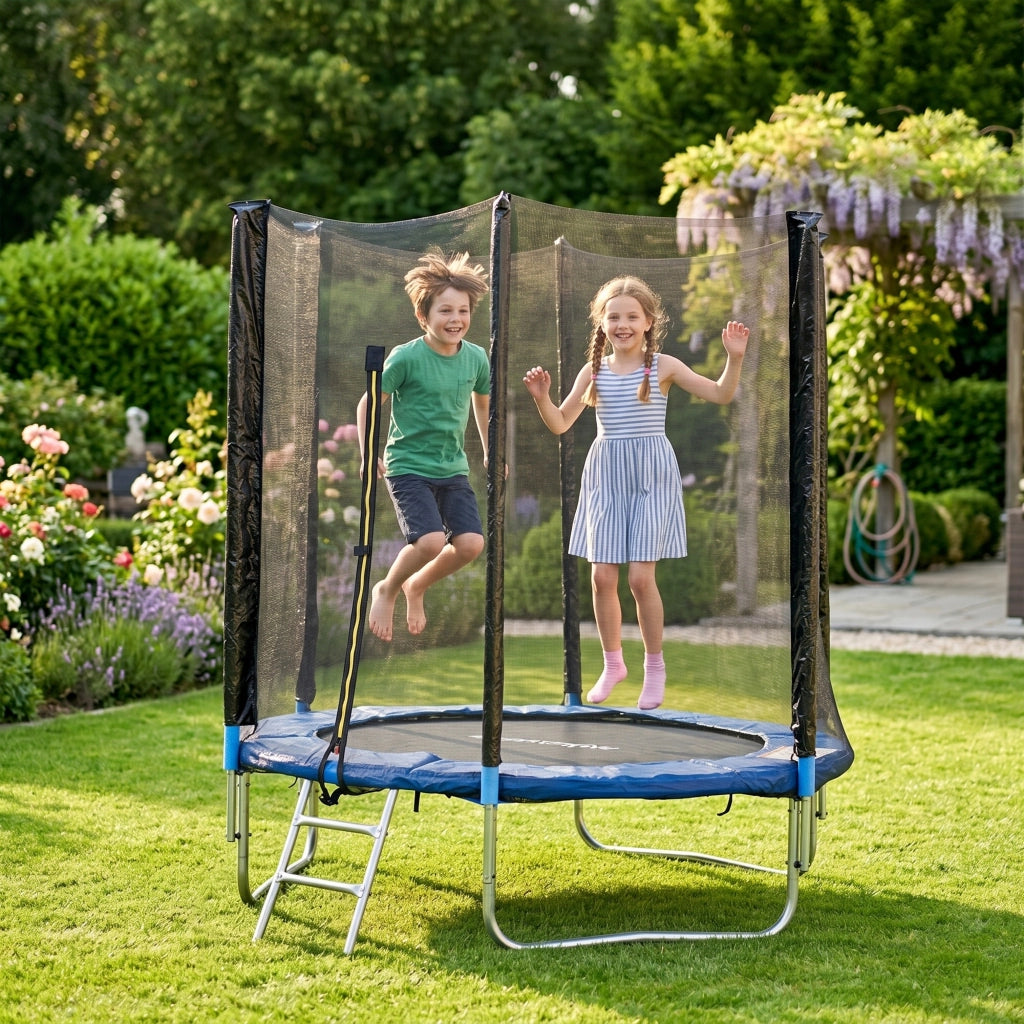 Trampolino Elastico con Scaletta e Rete di Sicurezza. in Acciaio e Plastica. ?180x200 cm. Blu
