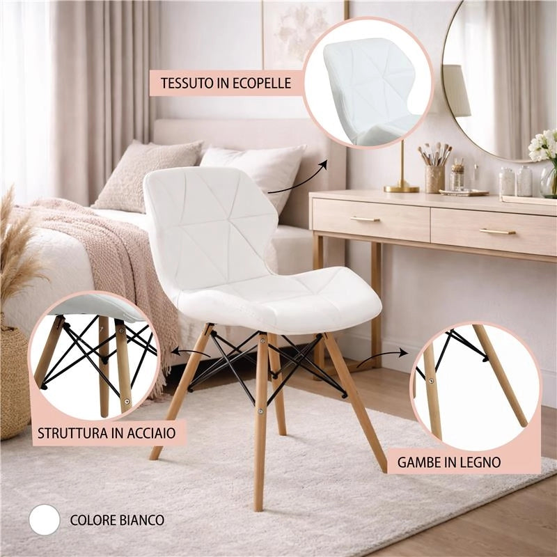 SET 4 SEDIE ANNAPOLIS MODERNA IN ECOPELLE E LEGNO BIANCA 41 X 49 X H71 CM