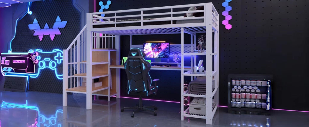 DESMIU Lit soppalco 90 × 200 cm 1 posto con scala contenitore, LED, prese, ripiani, senza materasso, in metallo e legno, bianco