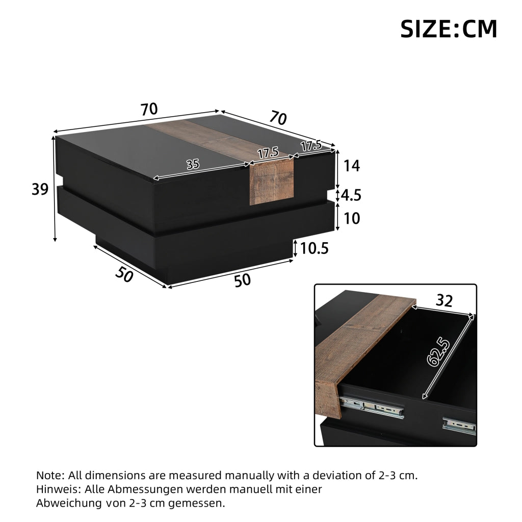 Tavolino da caffè quadrato con vano estraibile - per soggiorno - 70x70x39 cm - nero