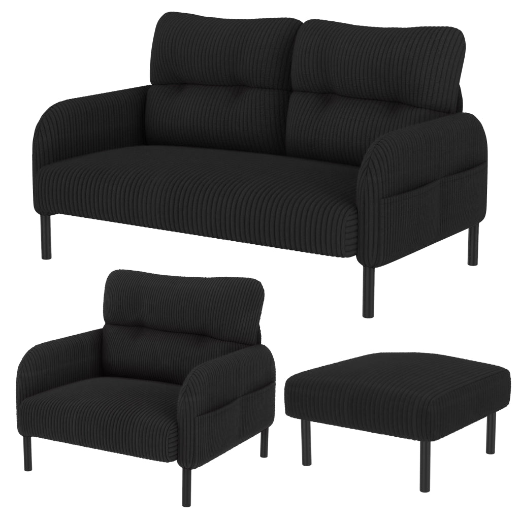 Set divano 3 pezzi in corda nero con divano 2 posti, poltrona e pouf, tasca laterale