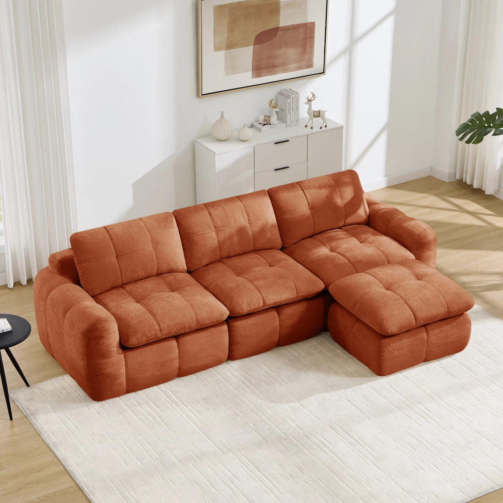 Divano modulare a L 3 posti - con pouf - in chenille - arancione