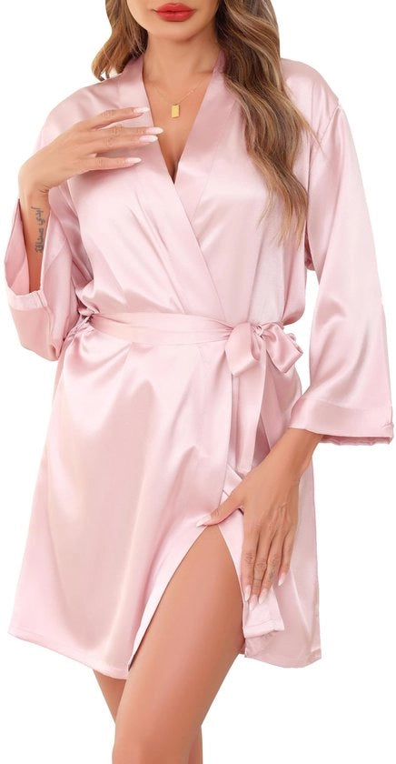 Badjas Unisex Zijde Kimono Bruid V-hals Kamerjas XXL, Lichtroze