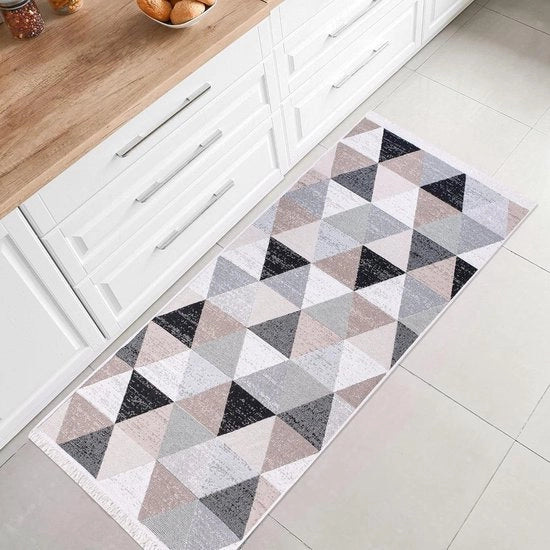 Tappeto a bassa pressione Boho - Tappeto per camera da letto e cucina - Tappeto a ruota - Tappeto di arresto - Grigio a strisce - 60x180 cm