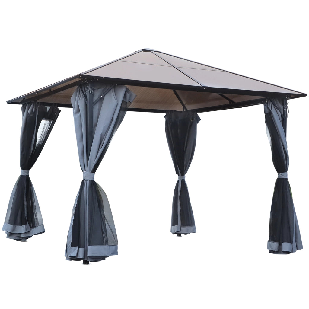 Gazebo con tetto in policarbonato e tende con zanzariera ¨C Zephmum ¨C Grigio scuro 300x300 cm