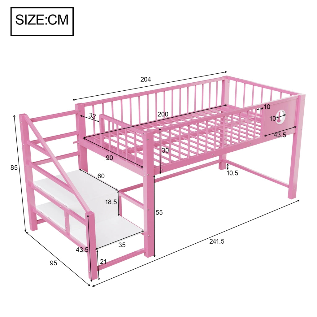 DESMIU Letto a soppalco bambino 90 × 200 cm con scala contenitore, senza materasso, in metallo, rosa