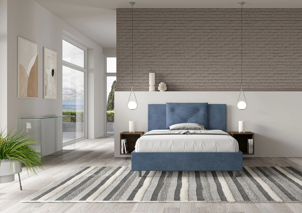 BS COM Letto queen size con rete imbottito 150x210 microfibra blu