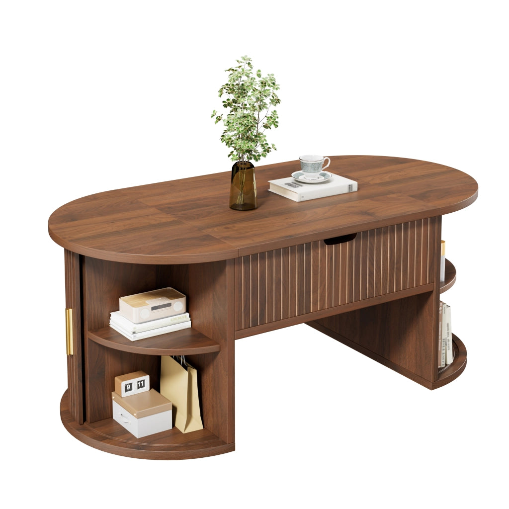 Tavolino da caffè alzabile con 2 ante scorrevoli e ripiani aperti; in MDF; Noce; 100 x 50 x 40.5 cm