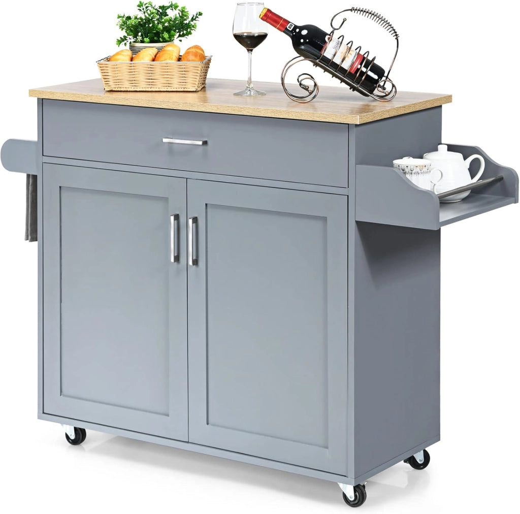 Carrello da Cucina con Ruote di Gomma, Scaffale per Microonde Carrello Servizio, Mobile Cucina con Ripiani e Ante, Credenza Cucina Legno Moderno Elegante, 116 x 37 x 85 cm (Grigio)