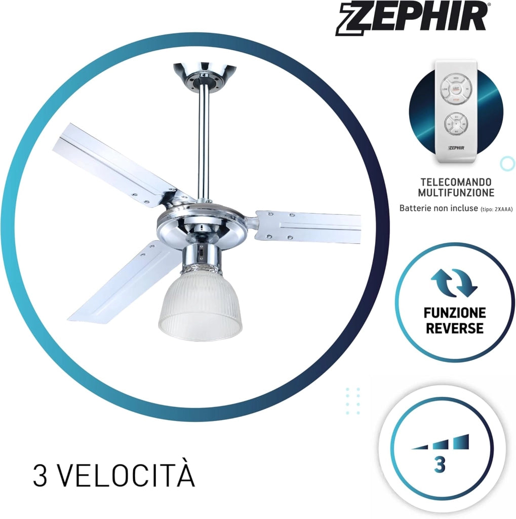 Ventilatore a Soffitto Zephir ZFR3121X 120 cm con Luce, 3 Pale in Metallo Cromato, Telecomando, 5 Velocità, Funzione Reversibilità Estate/Inverno, Timer 1/2/4/8 Ore, Lampada E27 fino 60W, Potenza 70W – Ideale per Casa, Soggiorno e Ufficio