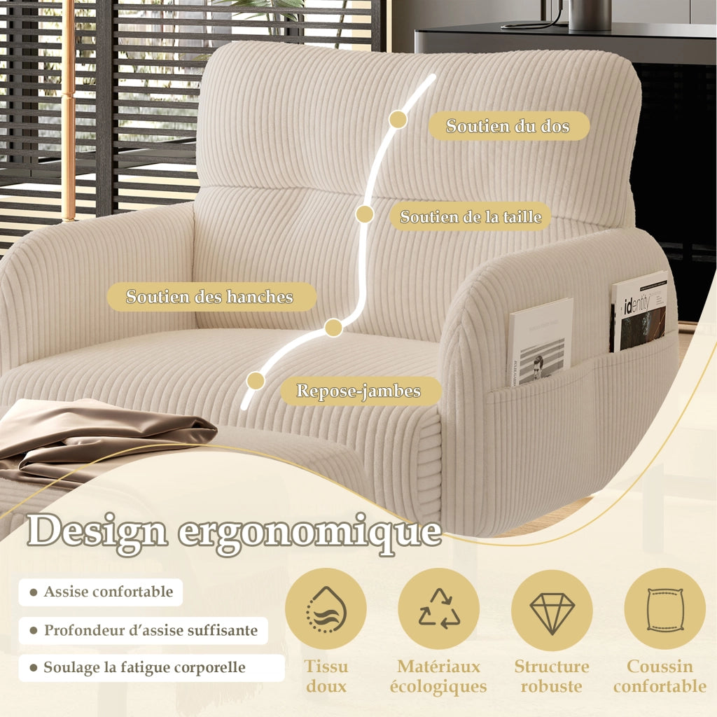 Poltrona Singola con Seduta Profonda con Tasche Laterali Comfort Ergonomico Struttura Metallo in Velluto a Coste Beige