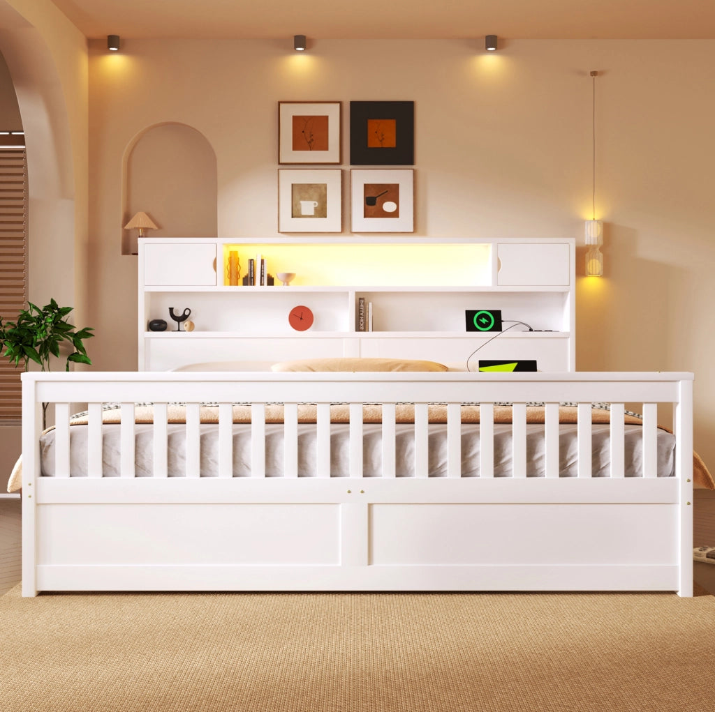 Letto matrimoniale 180x200 cm con testiera a libreria; LED e 4 cassetti in MDF e compensato; bianco