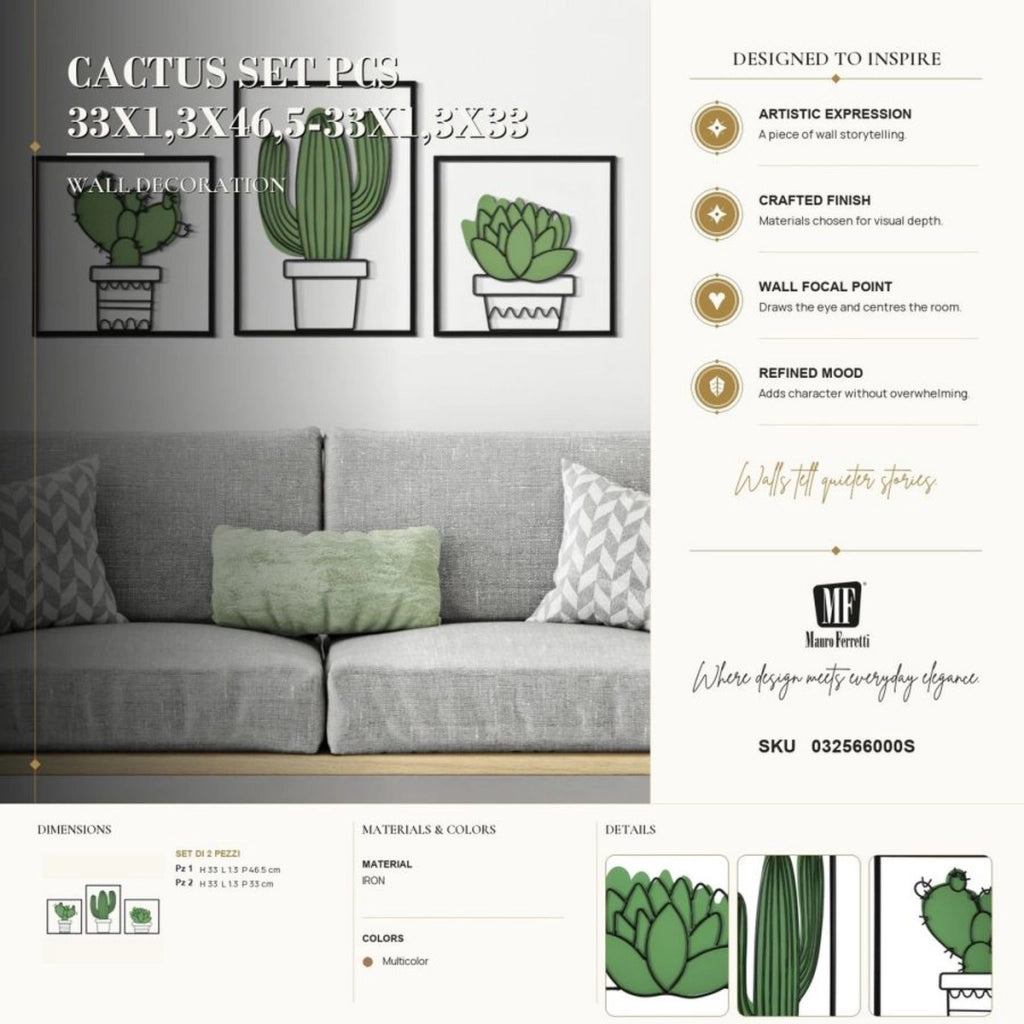 Pannello da muro Cactus in ferro, set 3 pezzi 33x46 cm