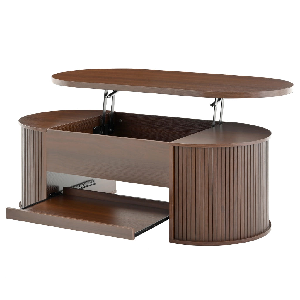 Tavolino da salotto sollevabile con spazio contenitivo e ripiano scorrevole per soggiorno, in MDF, noce naturale, 110 × 55,5 × 40 cm