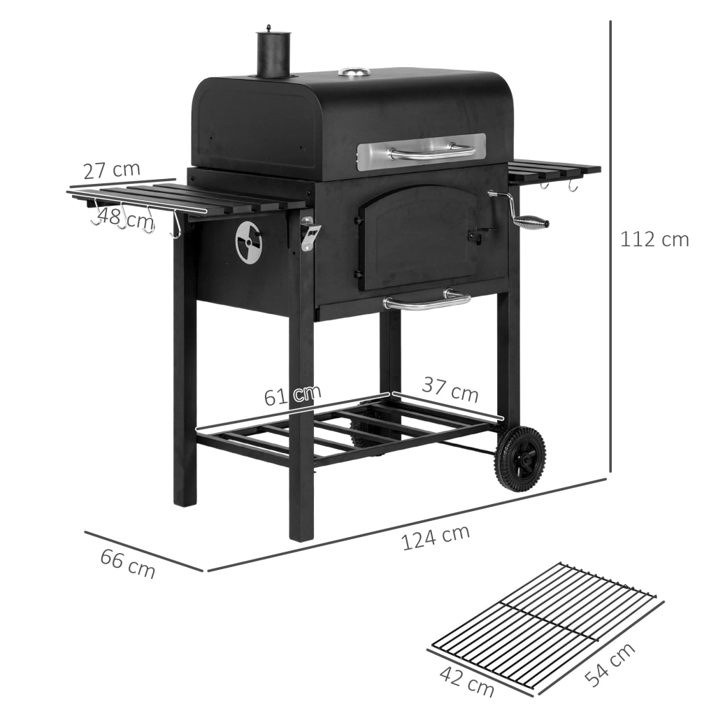 Barbecue a 2 Ruote con Griglia Affumicatore e Fornello ¨C Xylo ¨C Metallo Ghisa Nero 124x66x112cm