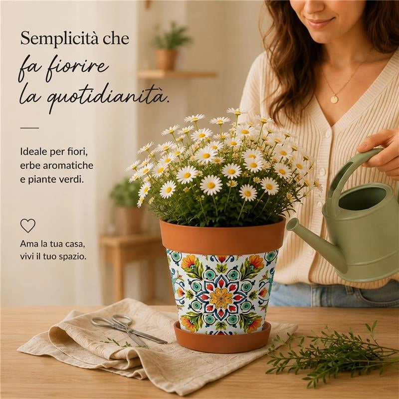 SET 3 VASI CON SOTTOVASO IN PLASTICA CON DISEGNI FLOREALI - DIMENSIONI 26X23H CM COLORE TERRA