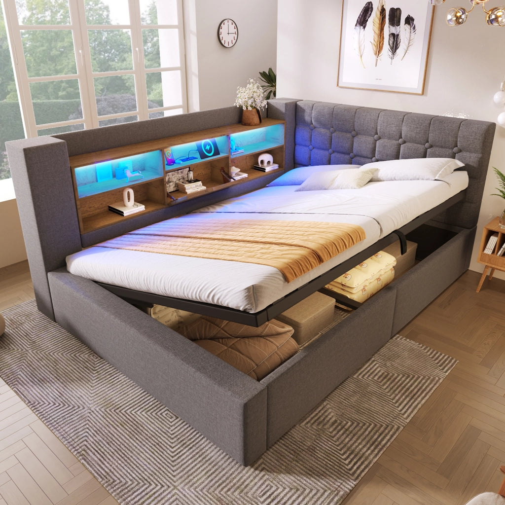 Letto imbottito 140x200 cm con LED, contenitore idraulico, testiera a L, rete e materasso, grigio