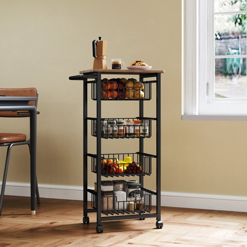 Carrello da Cucina con 4 Cestelli Scorrevoli ¨C Xylo ¨C Struttura in Acciaio 49,5x31x91 cm Rovere