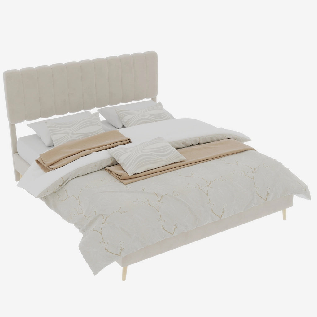 Letto matrimoniale 160 × 200 cm 2 posti imbottito, senza materasso, in velluto e metallo, beige