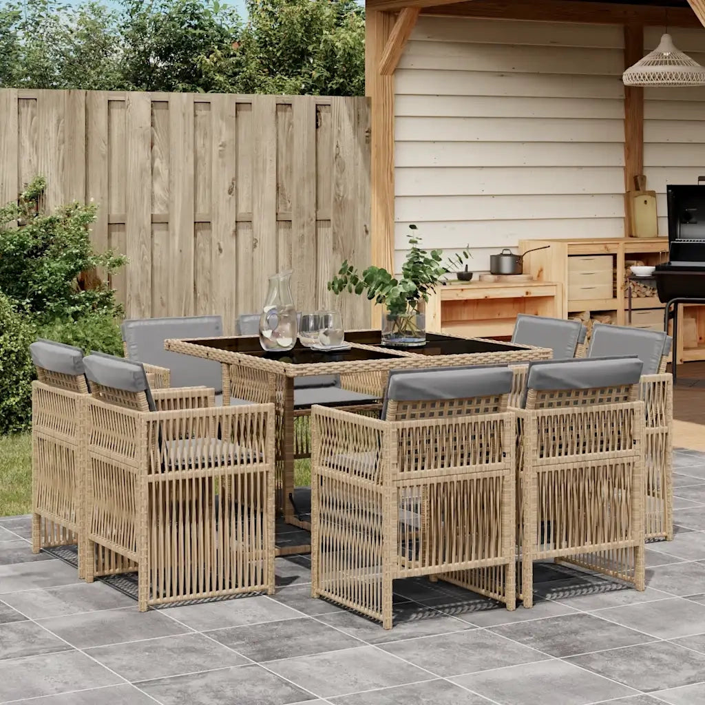 Set Pranzo da Giardino 9 pz con Cuscini Beige Misto Polyrattan