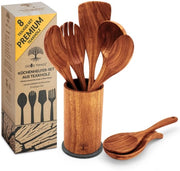 Set di 8 cucchiai in legno di teak - Cucina in legno - Set di cucchiai in legno - Durevole e naturale - Resistente al calore e pratico - Set di cucchiai in legno - Accessori da cucina - Aiuto in cucina - Servizio in legno