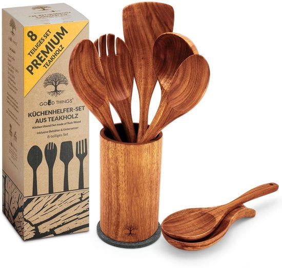 Set di 8 cucchiai in legno di teak - Cucina in legno - Set di cucchiai in legno - Durevole e naturale - Resistente al calore e pratico - Set di cucchiai in legno - Accessori da cucina - Aiuto in cucina - Servizio in legno