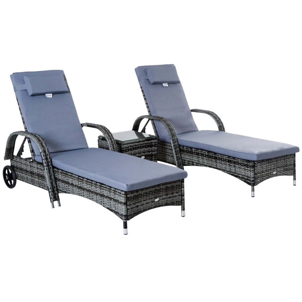 Set 3 pezzi con 2 lettini prendisole e tavolino; grigio; in metallo e polyrattan