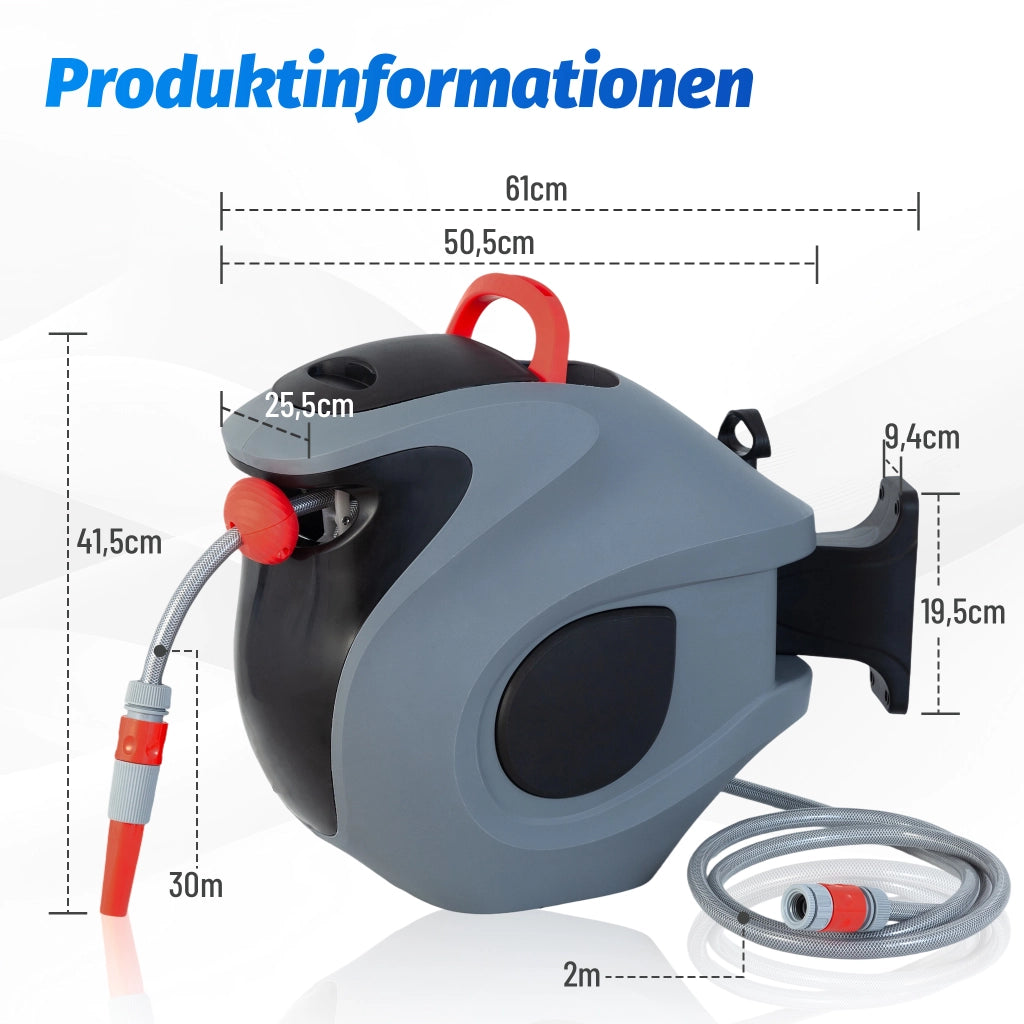 Avvolgitubo Automatico 30m con Staffa a Muro e Ugello 9 Funzioni ¨C MINIMAL ¨C Grigio/Rosso