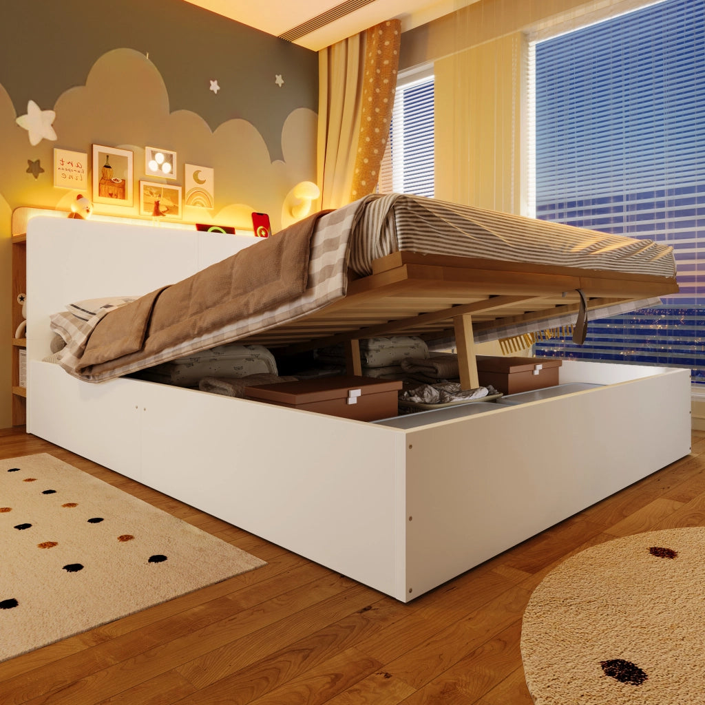 Letto contenitore 140×200 cm; letto matrimoniale con sollevamento idraulico; USB Type-C e LED; senza materasso; in pino; bianco e naturale