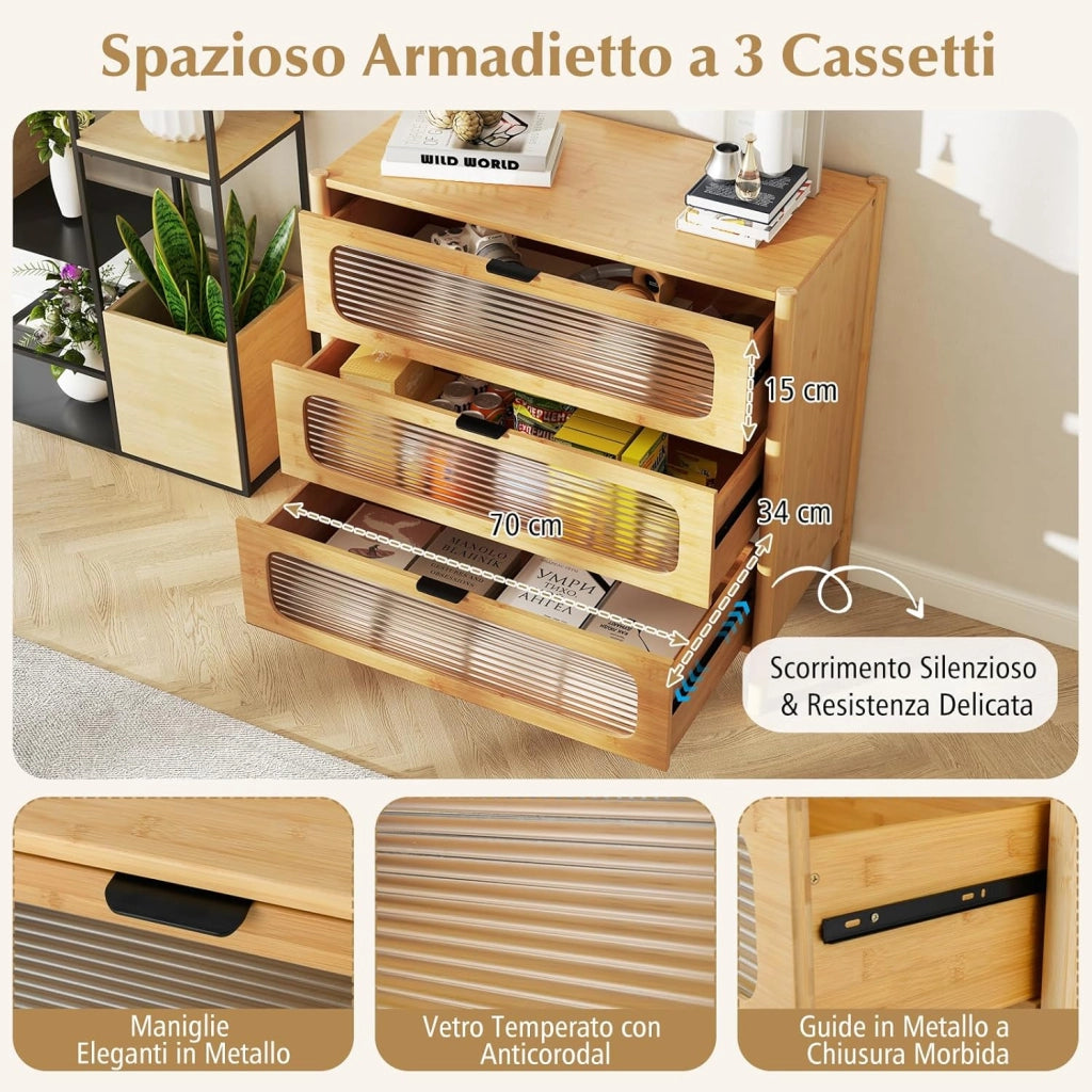 Cassettiera a 3 Cassetti in Bambù e Vetro Temperato, Cassettiera Salvaspazio per Camera da Letto, Credenza per Soggiorno, Ingresso e Corridoio, 80 x 40 x 78,5 cm, Naturale