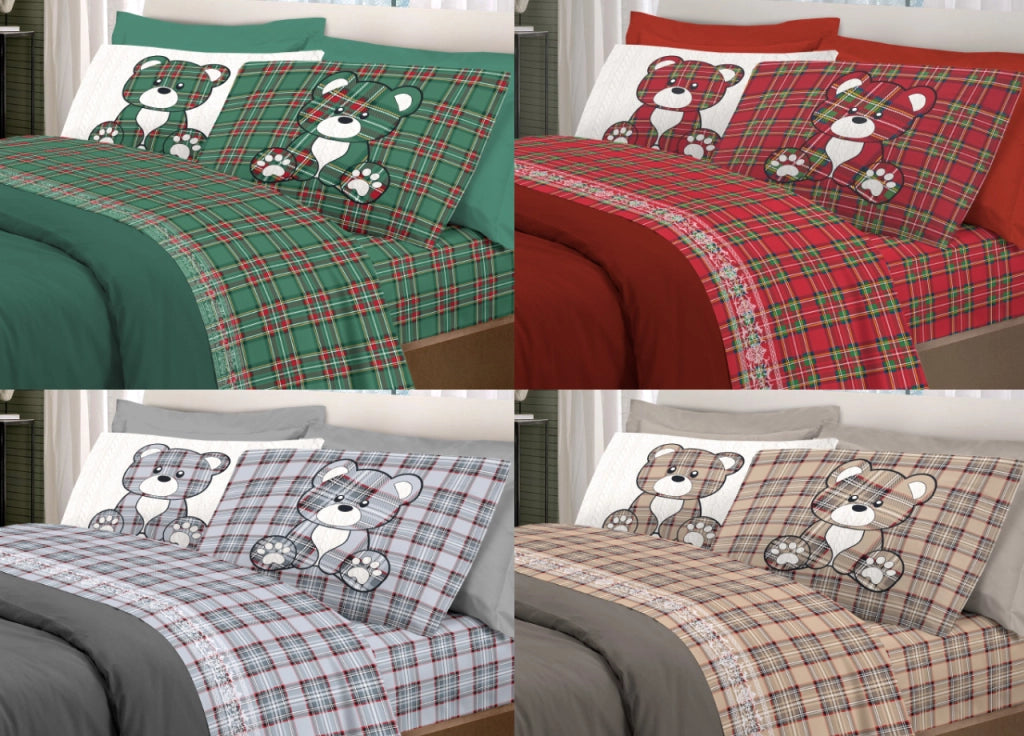Completo Lenzuola Linea Pensieri Delicati 100% Cotone Disegno Orsetto Tartan - Piazza E Mezza - Grigio