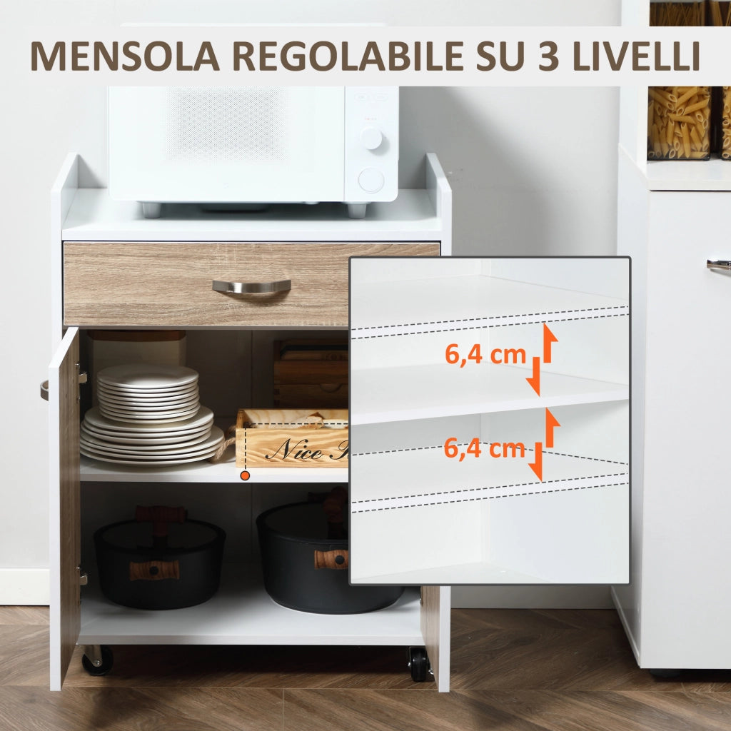 EasyComfort Carrello da Cucina Portavivande per Microonde con 4 Ruote, in Legno, 60x40x77cm - Rovere
