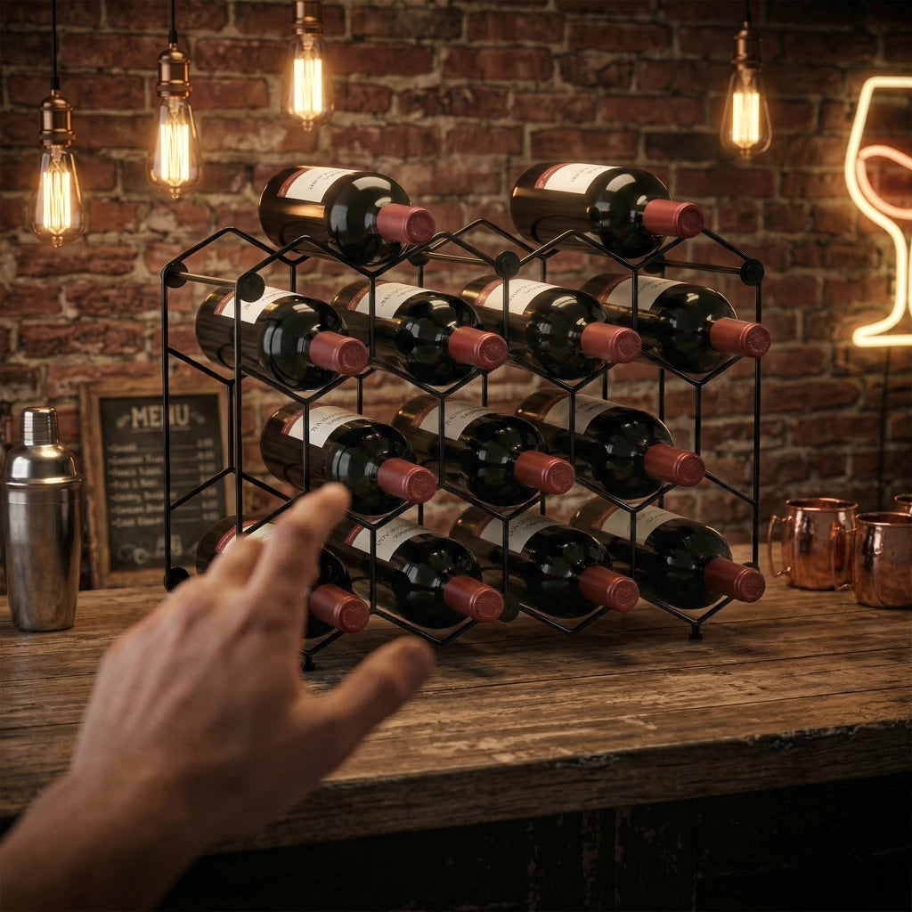Libreria per Vini 13 Bottiglie Design a Nido d'Ape ¨C Zephmum ¨C Nero Metallo 43x16x31 cm